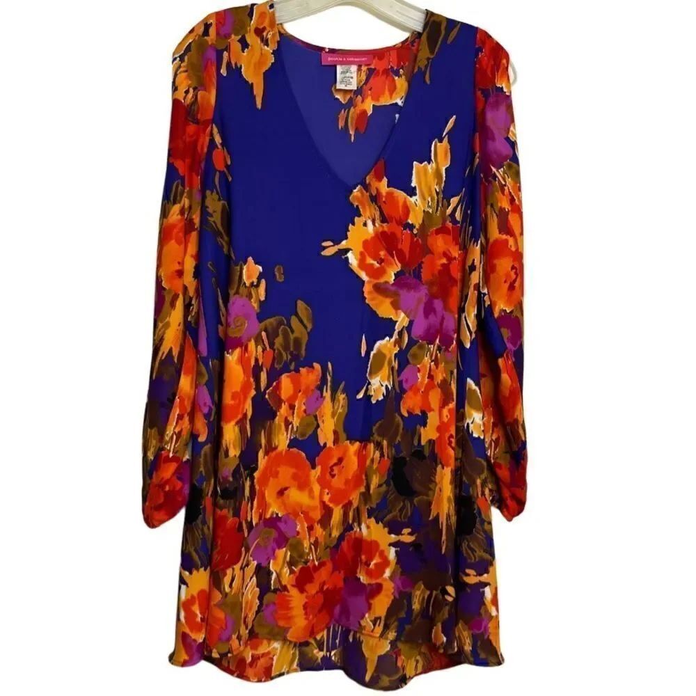 Anthropologie Cut Out Long Sleeve Floral Dress Orange and Purple Medium